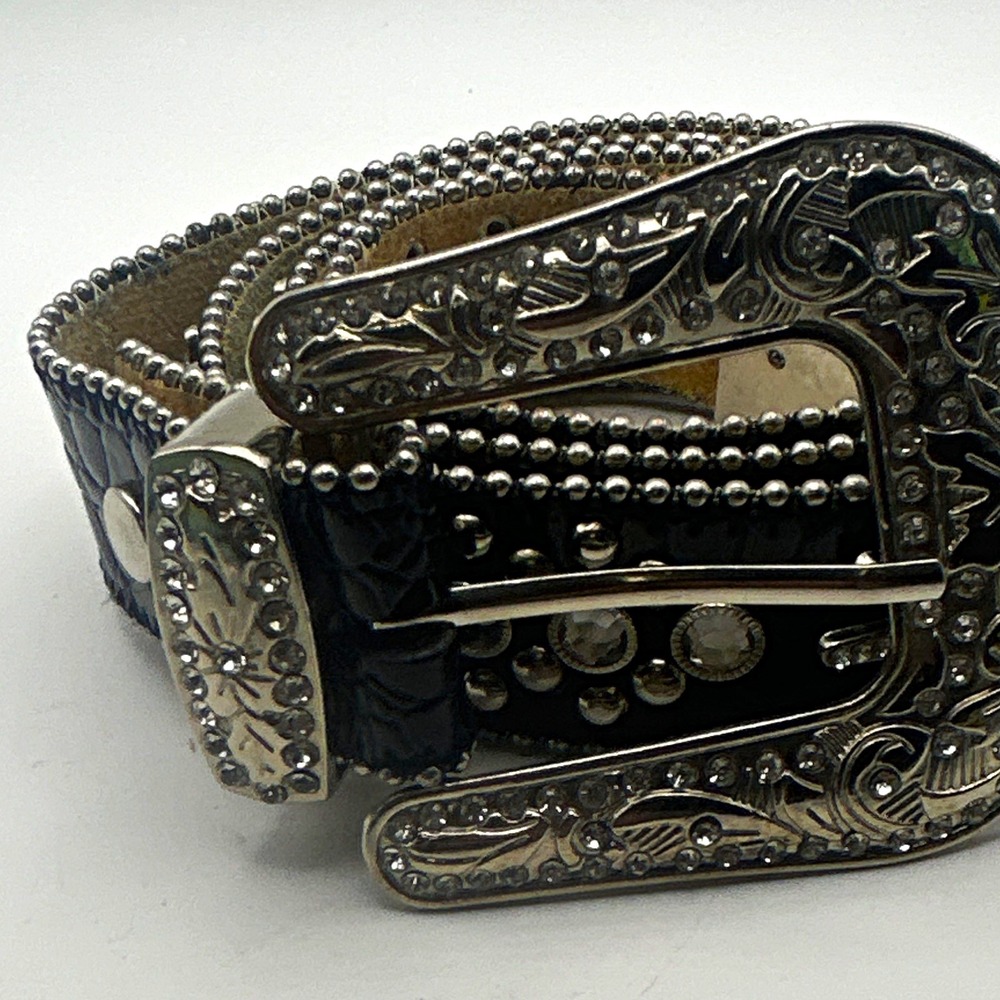 Y2K Bling Western Rhinestone Belt Black Gator Print Star Cross Concho XXL 42